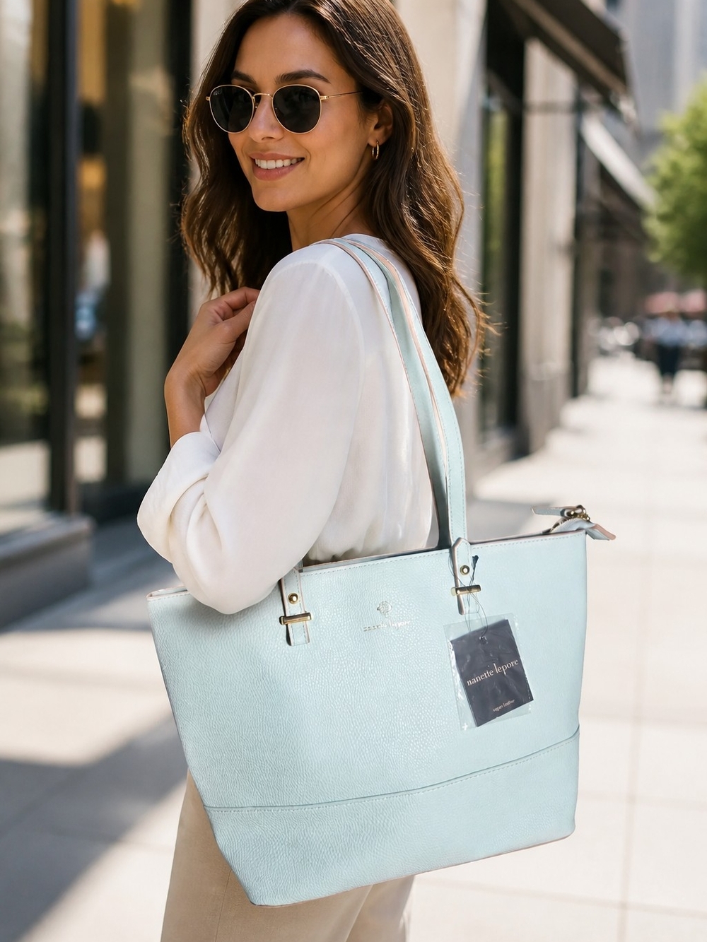 Nanette Lepore Mint Blue Leather Tote with Double Straps